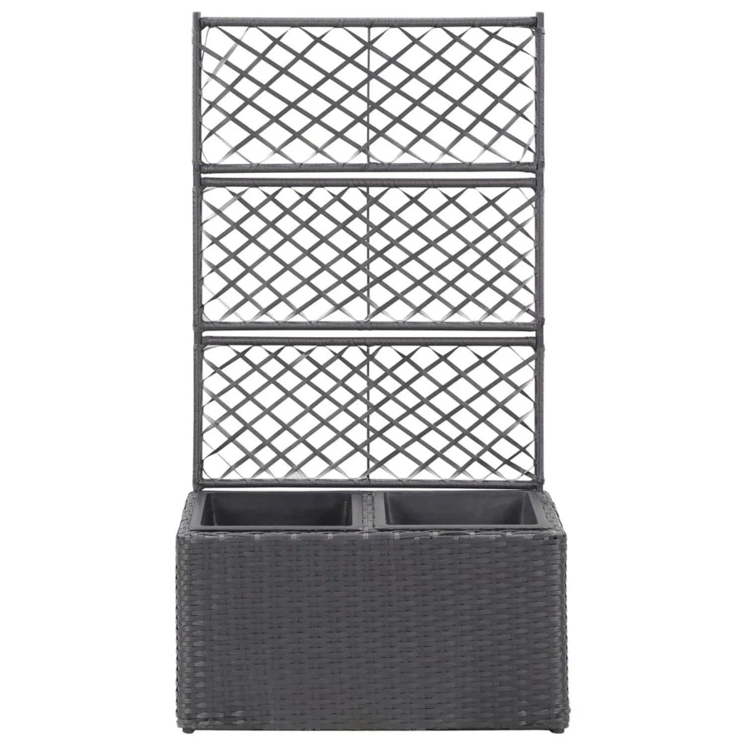 Schwarzes vidaXL Hochbeet mit Rankgitter und 2 Töpfen aus Poly Rattan.