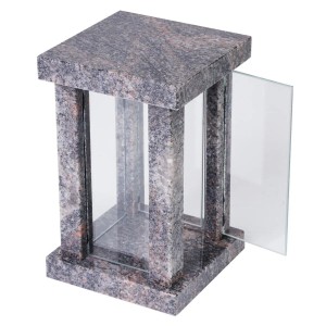 KOKA Grablampe Granit Himalaya, poliert, viereckig, mit geöffneter Tür. Robuster Grabschmuck für Grabkerzen.
