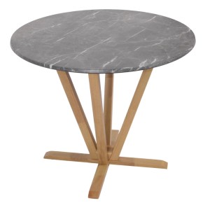 MCW Bistrotisch M56 mit Marmor-Optik und hellem Holzgestell für den Garten.