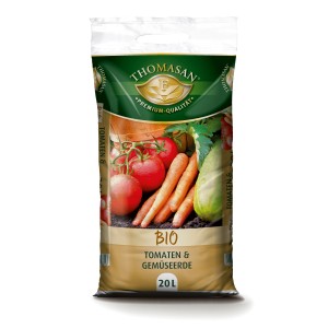 Sack Thomasan Bio Tomaten- und Gemüseerde 20L mit Abbildung von Tomaten, Karotten und Zucchini.