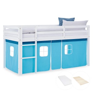 Weißes Kinder Hochbett 90x200 mit blauem Vorhang, Leiter, Lattenrost und Matratze.