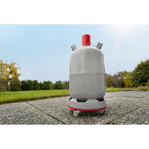 OBI Gasflaschenroller mit Gasflasche, Transporthilfe mit Rollen und Bremsen, max. 30 kg.
