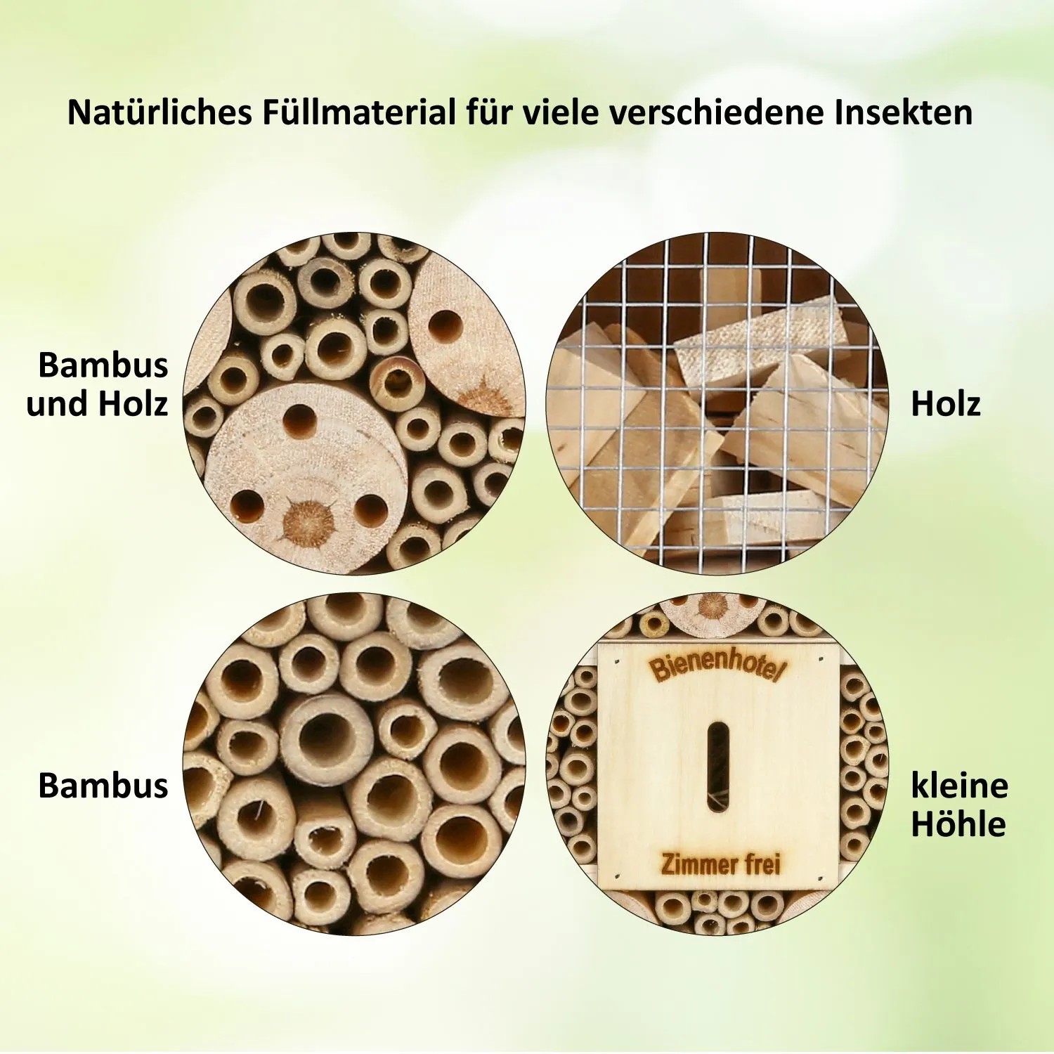 Insektenhotel Füllmaterialien: Bambus, Holz, gelochtes Holz und Bienenhotel-Schild. Ideal für verschiedene Insekten.