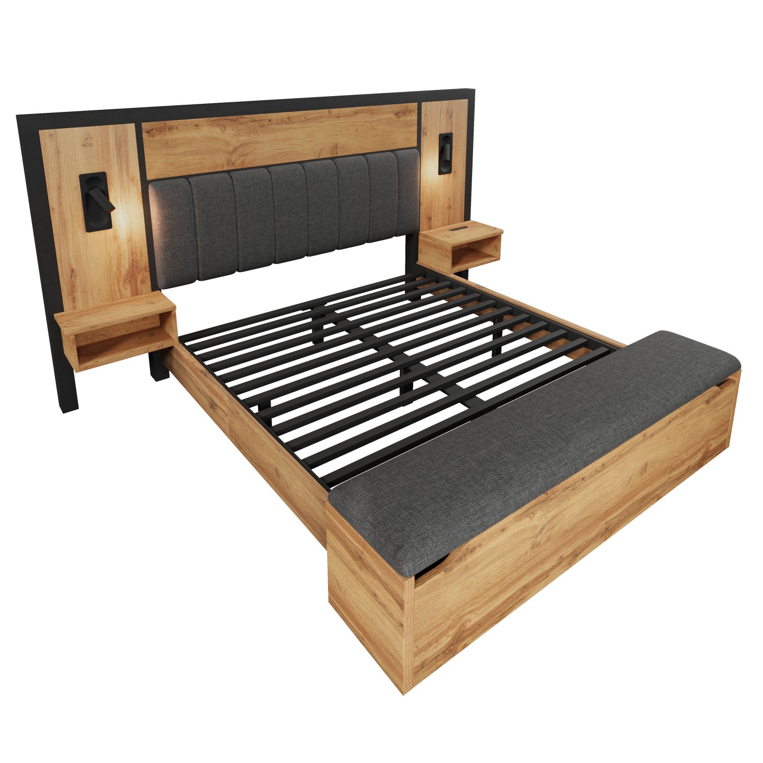 Okwish Polsterbett 160×200 Doppelbett Mit Leselampe Und Usb-C Nachttisch Und Sitzbank Mit Matratze