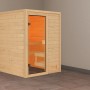 Karibu Massivholzsauna Sandra Natur mit Glastür und zwei Saunabänken aus hellem Holz.