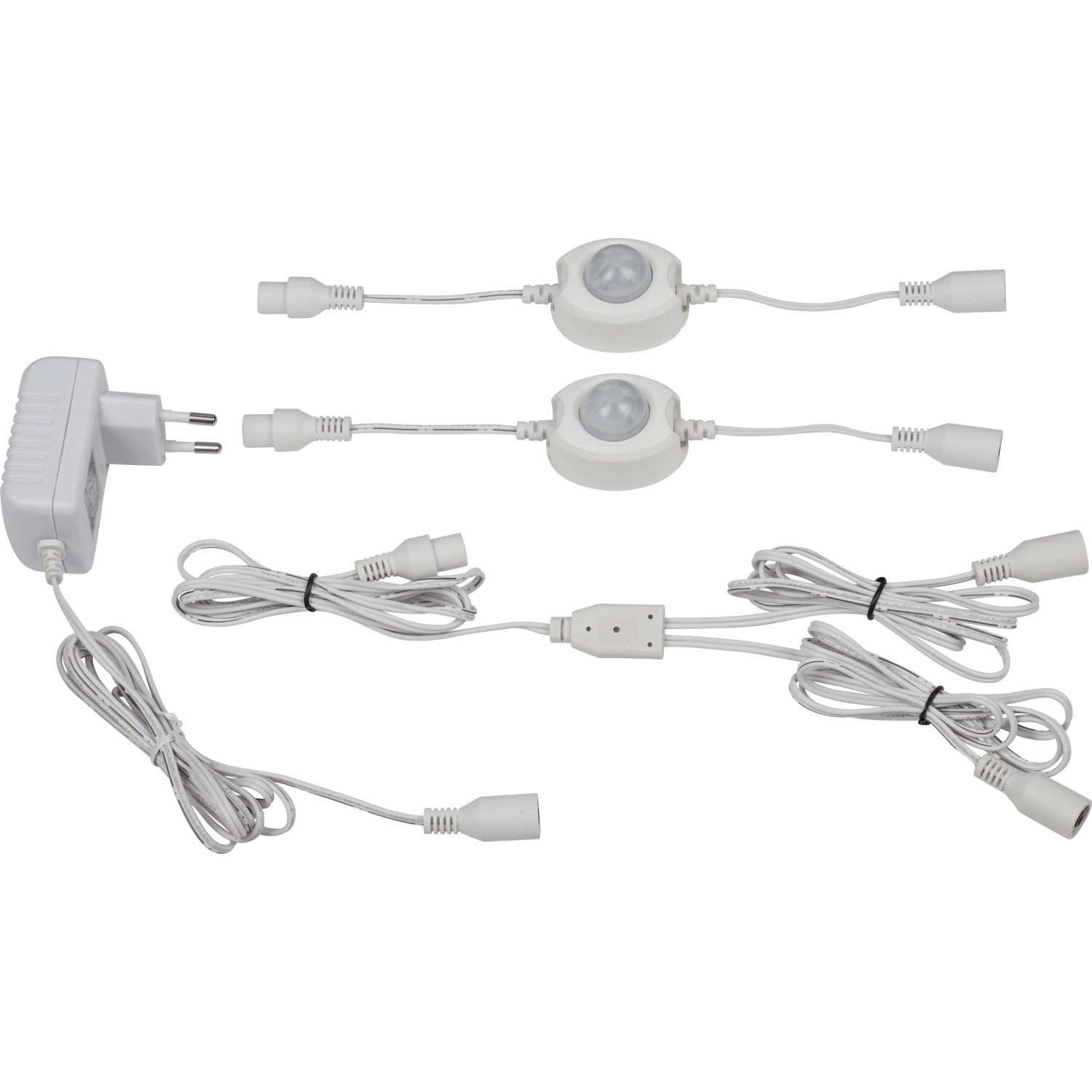 LED-Flexband mit Sensor, 2x1,2m, Warmweiß, Zubehör wie Netzteil, Sensoren und Kabel.