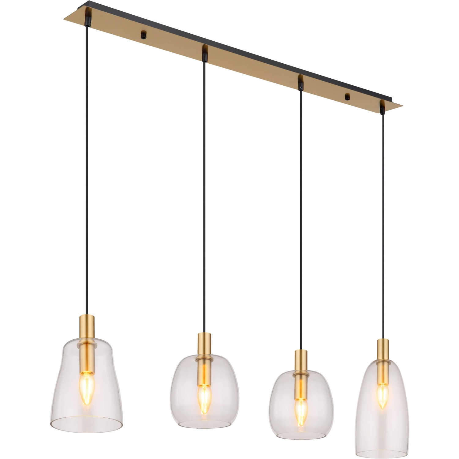 Moderne Globo Pendelleuchte mit 4 klaren Glasschirmen und Messingdetails. Hängeleuchte für Wohnraum.