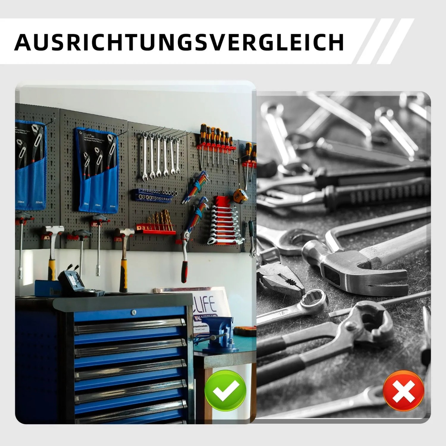 CCLIFE Werkzeugwand: Ordentliche Werkzeugorganisation an schwarzer Lochwand im Vergleich zu unorganisierten Werkzeugen. Für Werkstatt.