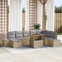 Beiges 9-teiliges vidaXL Garten-Sofa-Set aus Poly Rattan mit Kissen und Stauraum.