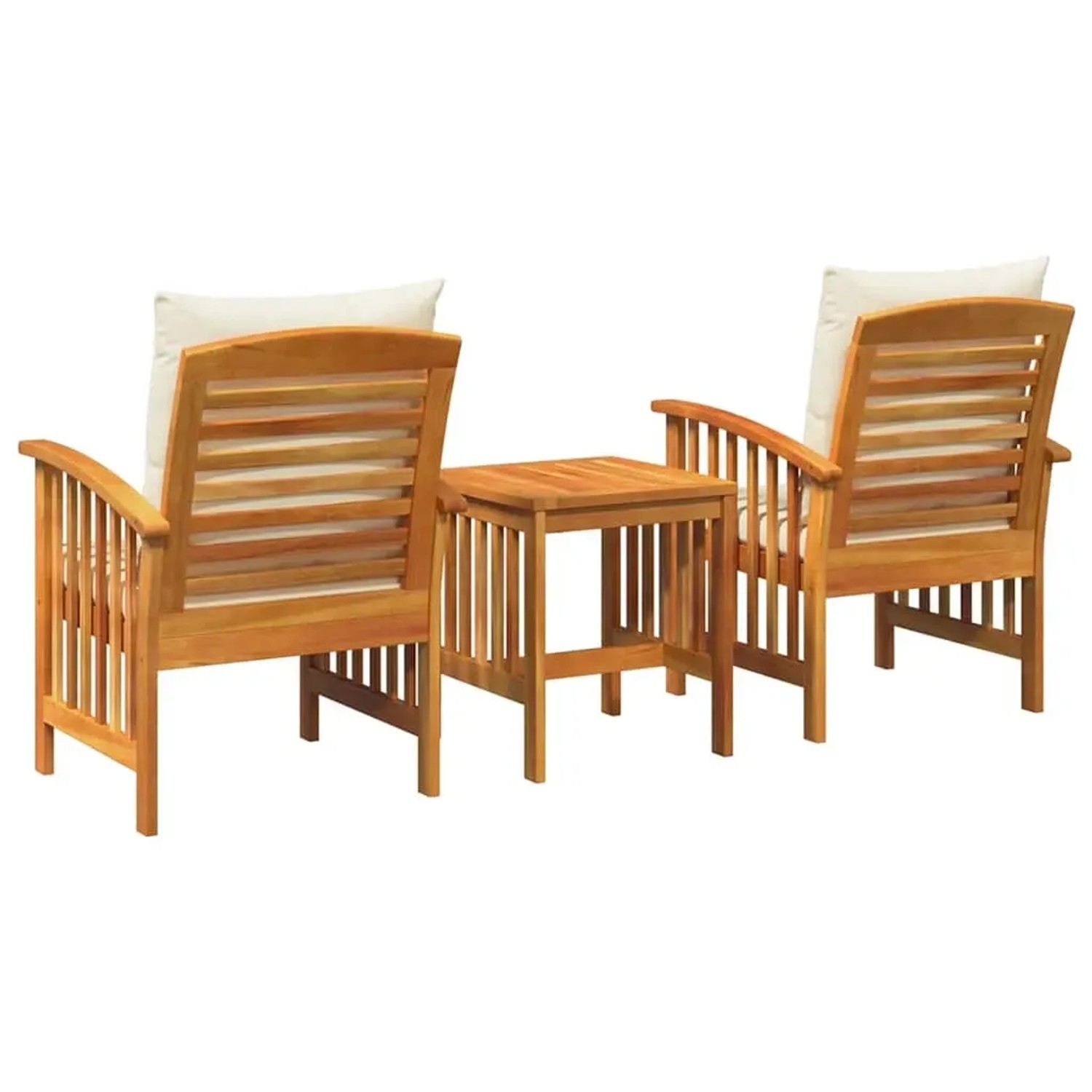 3-teiliges Garten-Lounge-Set aus Akazienholz mit cremefarbenen Kissen.
