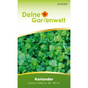 Deine Gartenwelt Koriander Comun Samenpackung mit frischen Korianderblättern.