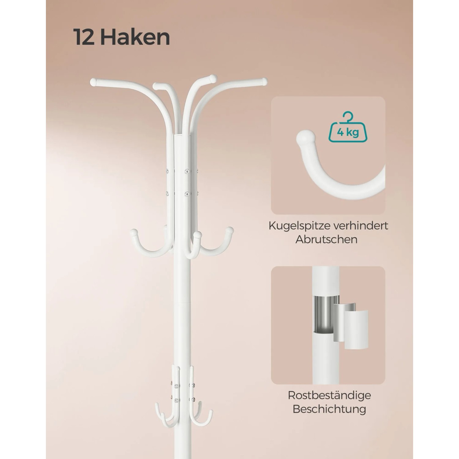 Weißer Songmics Kleiderständer mit 12 Haken und Schirmständer, Detailansicht.