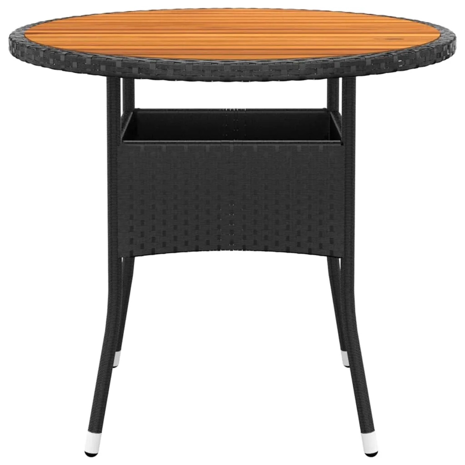Schwarzer vidaXL Gartentisch aus Rattan mit Akazienholzplatte für die Garten-Essgruppe.