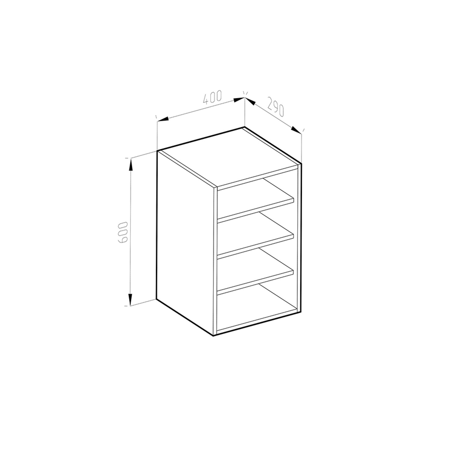 Skizze: Vicco Hängeschrank R-Line, offener Küchenschrank, Eiche Goldkraft, 40 cm, mit Maßen.