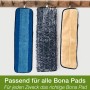 Drei verschiedene Bona Wischpads für den Premium Spray Mop, passend für verschiedene Reinigungsaufgaben.