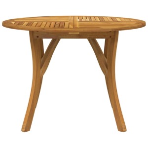 Runder vidaXL Gartentisch aus Akazienholz, Ø 110 cm, mit Lattenrost-Tischplatte und geschwungenen Beinen.