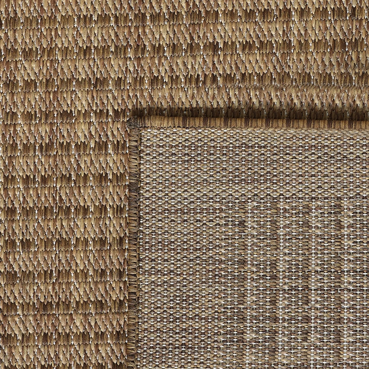 Detailansicht des braunen Ayyildiz Outdoor-Teppichs Giza in Sisal-Optik, 80x250 cm.