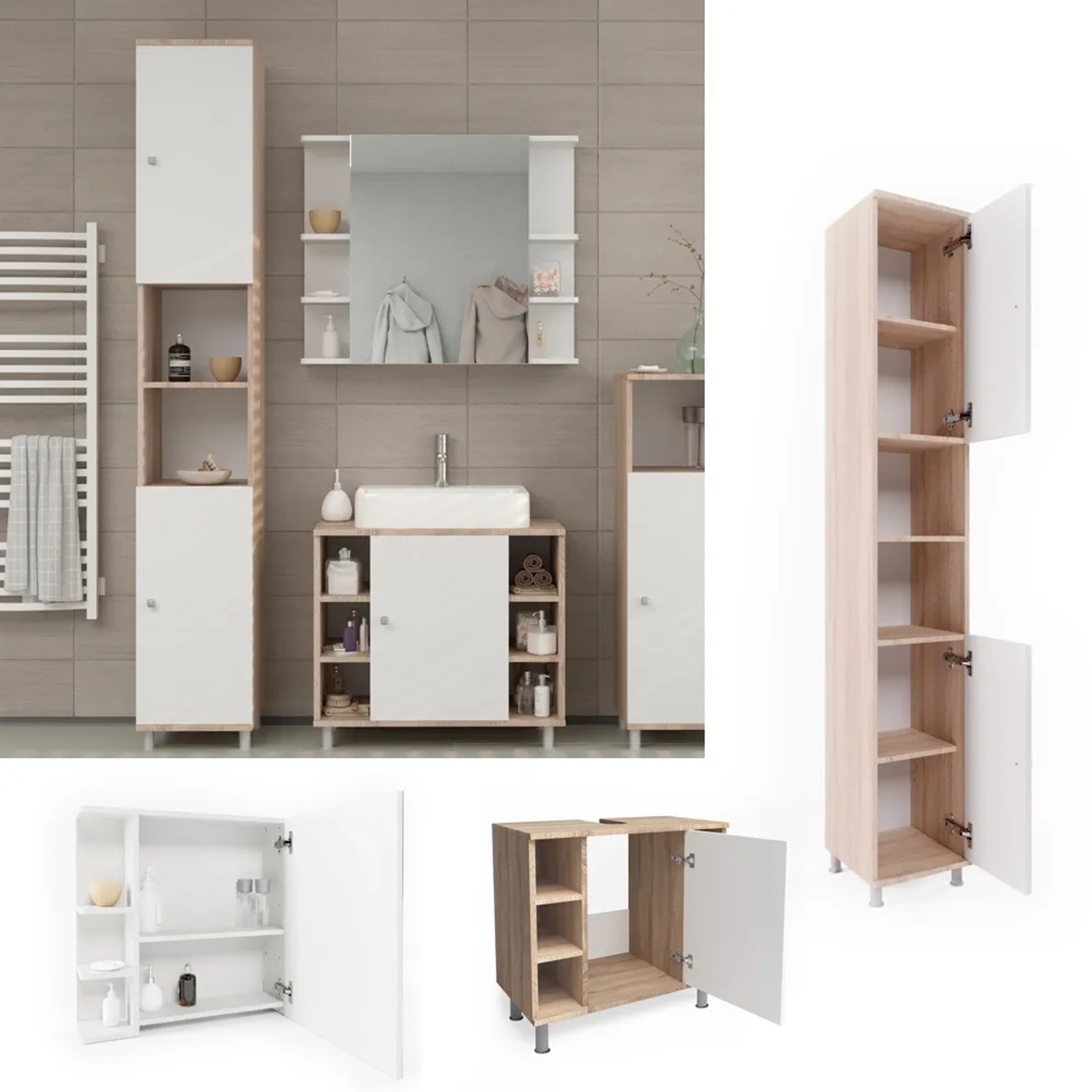 Vicco Badmöbel-Set Fynn Sonoma/Weiß, 3-teilig mit Hochschrank, Waschbeckenunterschrank und Spiegelschrank.