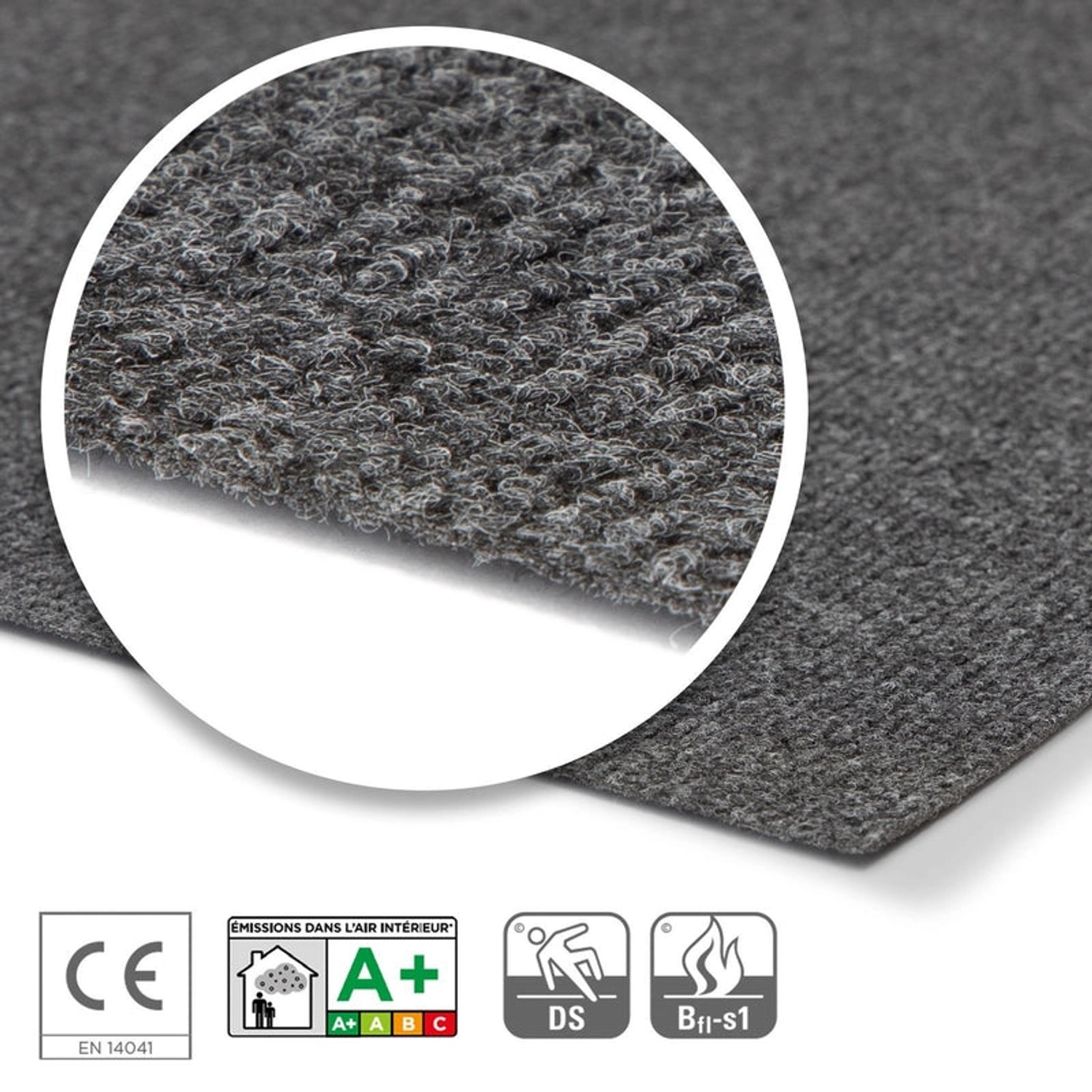 Dunkelgrauer KARAT Messeteppich Sintra mit Rippenstruktur, Detailansicht.