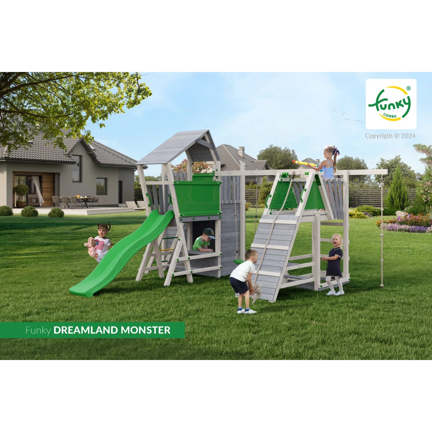 Spielturm Funky Combo DREAMLAND MONSTER mit Rutsche, Kletterwand & Schaukel für Kinder.