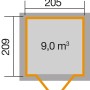 Grundriss Weka Gartenhaus Anthrazit, Pultdach, 205x209 cm, 9 m³ Volumen.