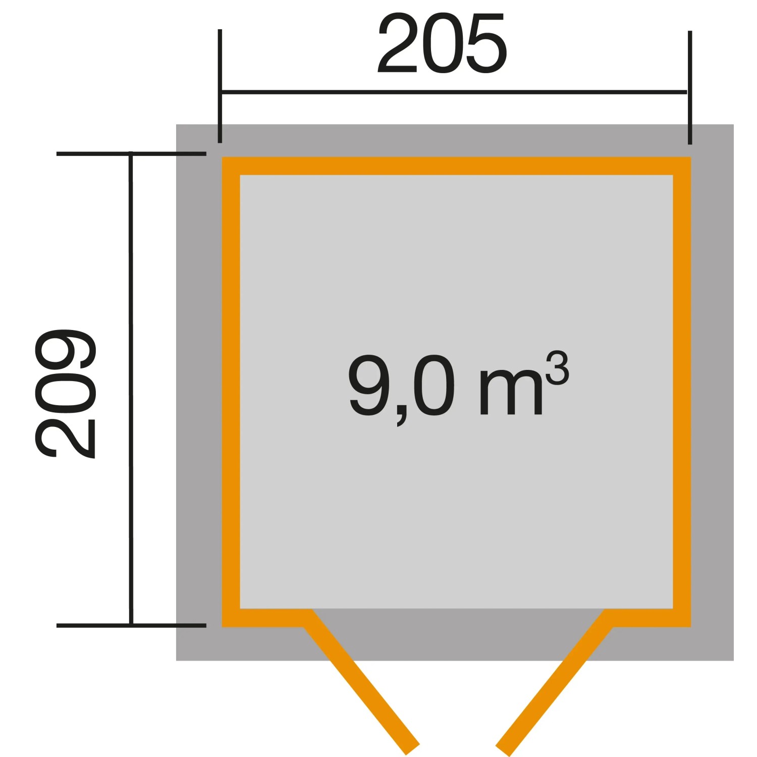 Grundriss Weka Gartenhaus Anthrazit, Pultdach, 205x209 cm, 9 m³ Volumen.