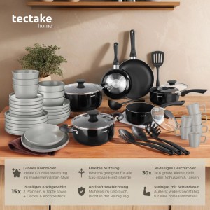 Tectake Küchenstarterset mit Töpfen, Pfannen, Geschirr und Küchenhelfern in Grau und Schwarz.