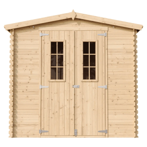 Timbela Holz-Gartenhaus M369C, beige-braun, mit Doppeltür und Fenster.