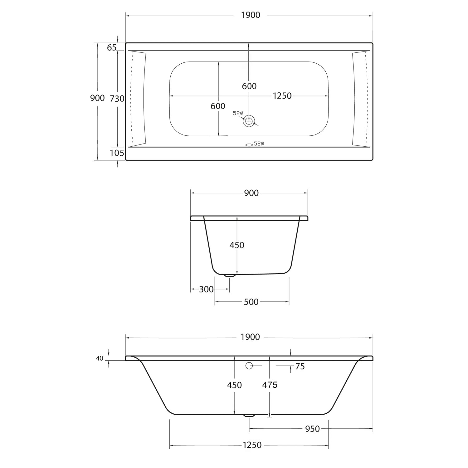 Technische Zeichnung Ottofond Whirlpool-Komplettset Rosa 190x90 cm, Maße und Ansichten.