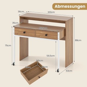 Costway Schreibtisch ausziehbar in Natur mit Metallrahmen und Schubladen.
