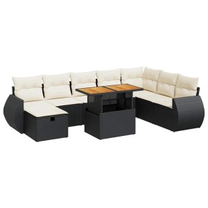 Schwarze 9-tlg. vidaXL Garten-Sofagarnitur aus Poly Rattan mit cremeweißen Kissen und Tisch.