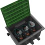 Gardena Bewässerungsventil 9 V Bluetooth im Kasten mit geöffnetem Deckel, Teil einer Bewässerungsanlage.