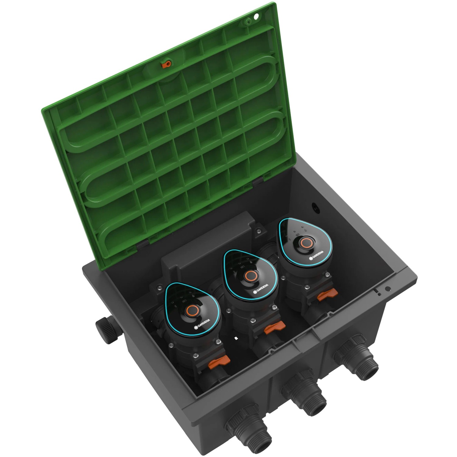 Gardena Bewässerungsventil 9 V Bluetooth im Kasten mit geöffnetem Deckel, Teil einer Bewässerungsanlage.