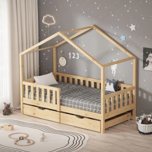 ML-Design Hausbett 80x160 cm aus Kiefernholz mit 2 Schubladen in Natur.