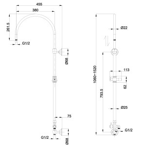 Technische Zeichnung: PaulGurkes Aufputz Duschsystem Bronze, Maße und Anschlüsse dargestellt.
