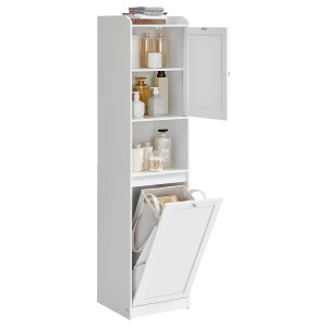 Weißer Songmics Badezimmerschrank mit Wäschesammler und offenem Fach.