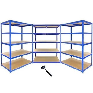 3 blaue Monster Racking T-Rax Lagerregale (120x60cm) mit 5 Böden und Gummihammer.