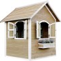 Axi Julia Spielhaus aus Holz in Braun und Weiß mit Fensterläden und Blumenkasten.