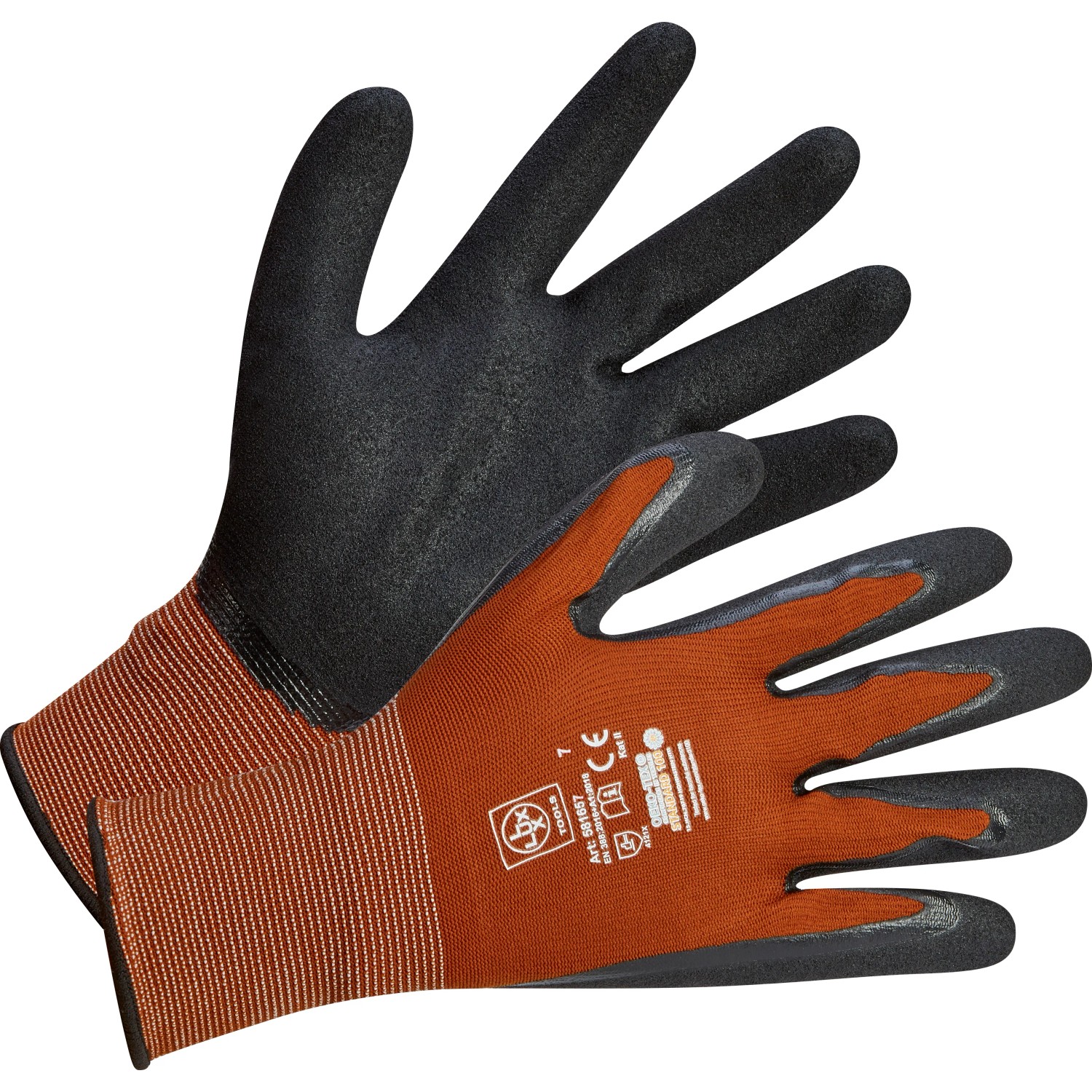 LUX Multi Handschuhe Gr. 7, Arbeitshandschuhe mit schwarzer Handfläche und braunem Handrücken.