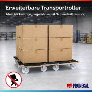 PROREGAL Transportroller mit Kartons auf Siebdruckplatte und 4 Gummirollen. Traglast 200kg.