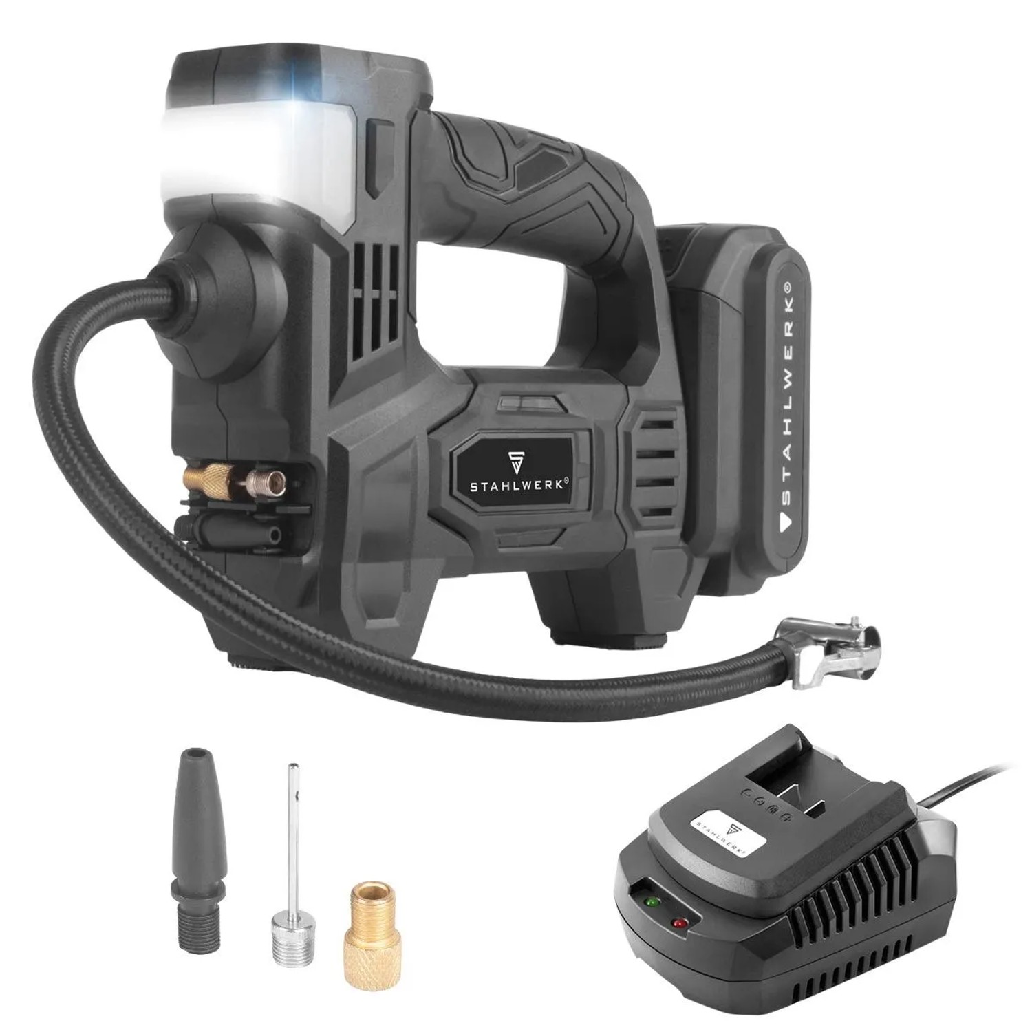 STAHLWERK Akku Druckluftkompressor 72 Watt Leistung und 2 Ah Akku