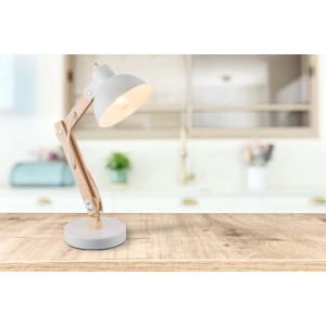 Globo Tischleuchte Tongariro aus Holz und Metall in Weiß, Design-Tischlampe für den Innenbereich.