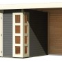 Terragraues Karibu Holz-Gartenhaus Sölve mit Flachdach und überdachter Fläche.