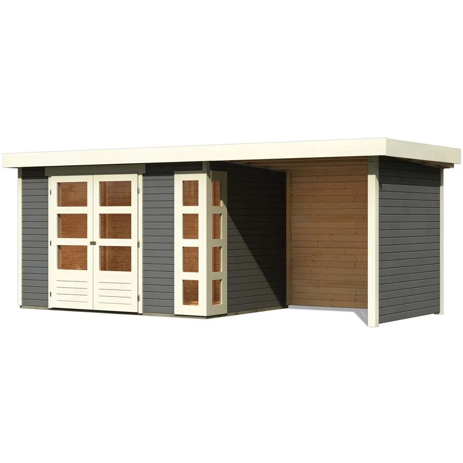 Terragraues Karibu Holz-Gartenhaus Sölve mit Flachdach und überdachter Fläche.