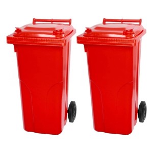 Set: Zwei rote 120-Liter-Mülltonnen mit Rädern aus HDPE-Kunststoff.