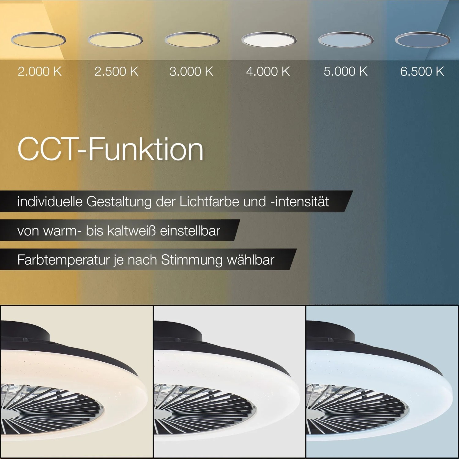 LED-Deckenleuchte Salerno mit Ventilator: Farbtemperatur von warmweiß bis kaltweiß einstellbar.