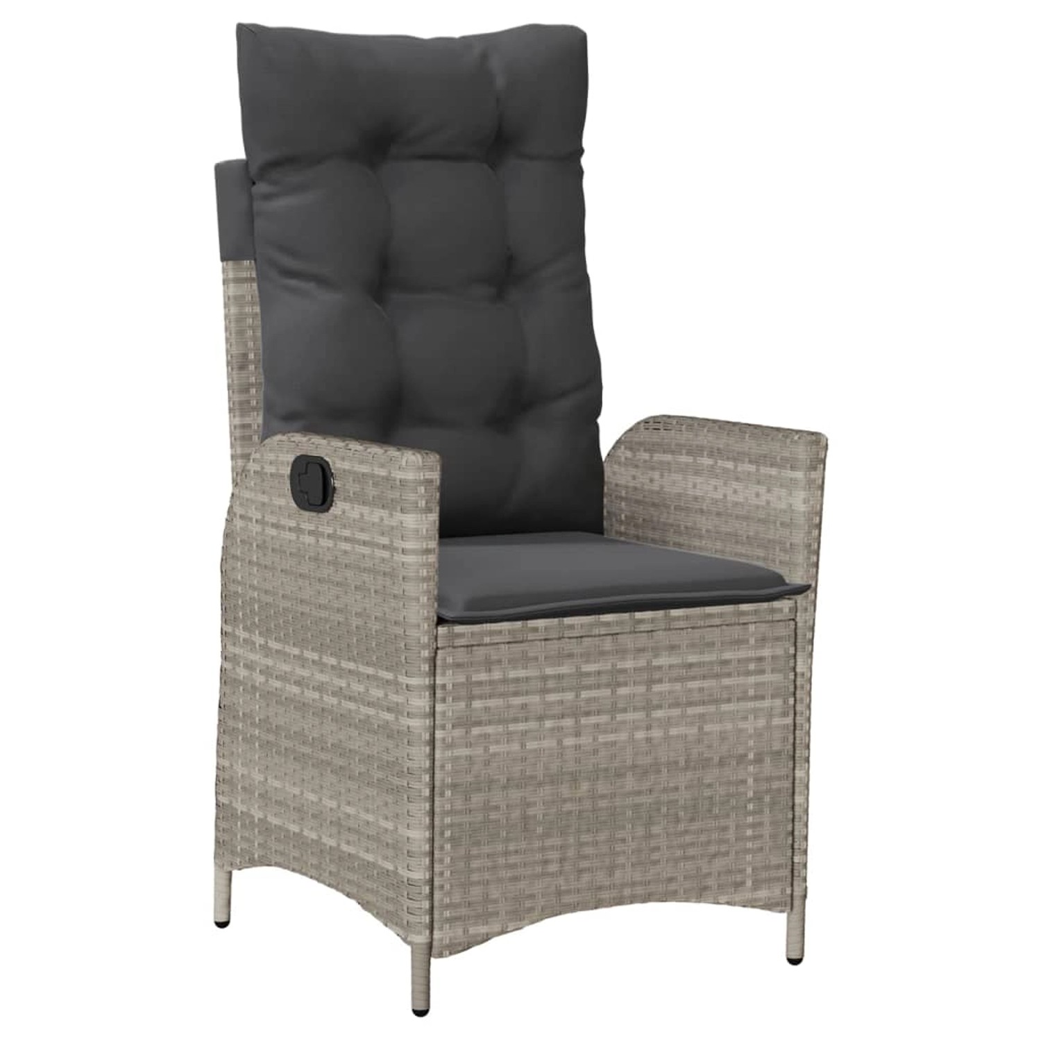 Hellgrauer Gartenstuhl aus Polyrattan mit anthrazitfarbenen Kissen, Teil der vidaXL 7-tlg. Garten-Essgruppe.