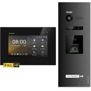 Schwarze Balter EVO HD Video-Türsprechanlage mit Fingerprint und 7-Zoll-Monitor für Einfamilienhaus.