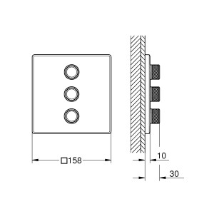 Grohe Grohtherm SmartControl 3-fach Unterputzventil, eckig, Chrom, mit Maßangaben.