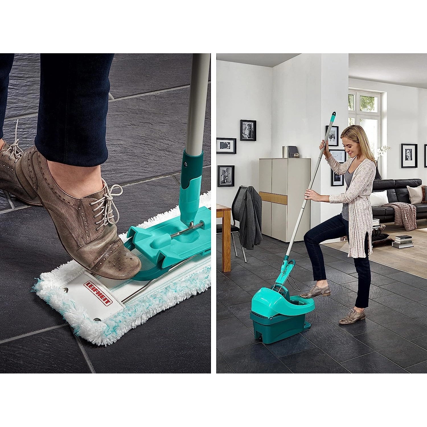 Leifheit Bodenwischer Profi XL Set mit Wischtuchpresse und Staubwischer im Einsatz.